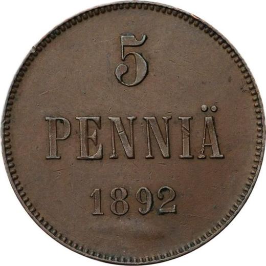 Реверс монеты - 5 пенни 1892 года - цена  монеты - Финляндия, Великое княжество