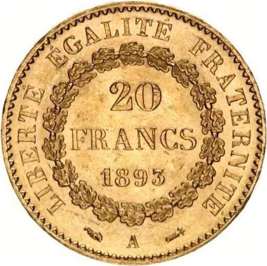 Reverse 20 Francs 1893 A "Type 1871-1898" Paris - France, Third Republic