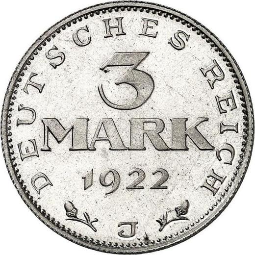 Reverse 3 Mark 1922 J "Constitution" -  Coin Value - Germany, Weimar Republic