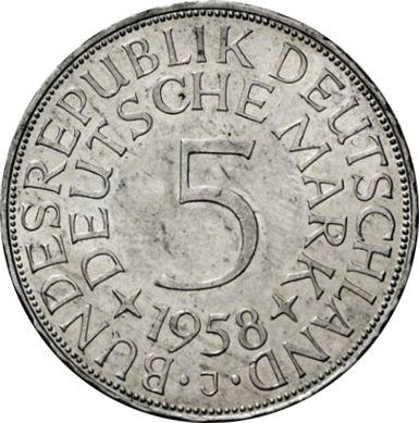 Obverse 5 Mark 1958 J Edge "EINIGKEIT UND RECHT UND FREIHEIT" - Silver Coin Value - Germany, FRG