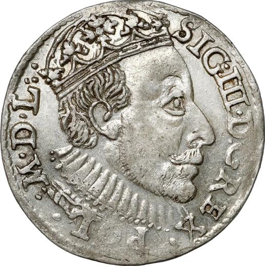 Аверс монеты - Трояк (3 гроша) 1588 года ID "Олькушский монетный двор" Надпись "M D L" - цена серебряной монеты - Польша, Сигизмунд III Ваза