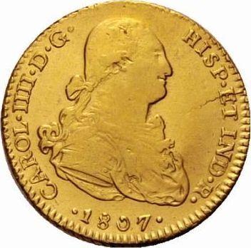Awers monety - 2 escudo 1807 JP - cena złotej monety - Peru, Karol IV
