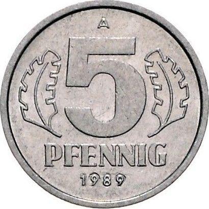 Аверс монеты - 5 пфеннигов 1989 года A Год в углублении - цена  монеты - Германия, ГДР