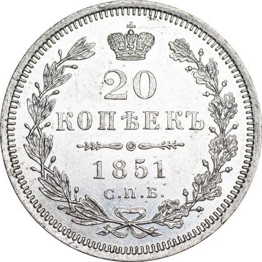 Rewers monety - 20 kopiejek 1851 СПБ ПА "Orzeł 1849-1851" - cena srebrnej monety - Rosja, Mikołaj I