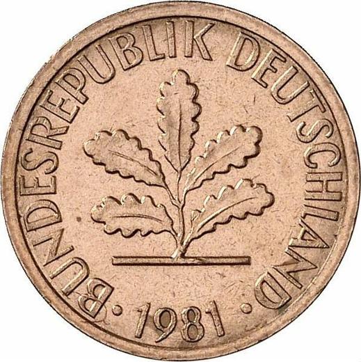 Реверс монеты - 1 пфенниг 1981 года J - цена  монеты - Германия, ФРГ