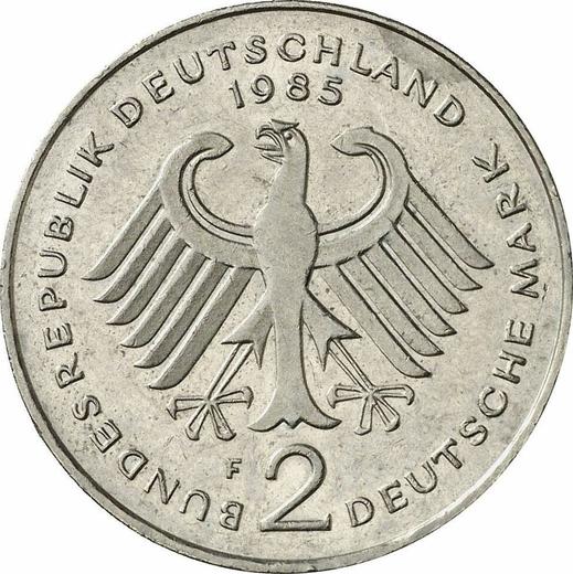 Reverse 2 Mark 1985 F "Konrad Adenauer" -  Coin Value - Germany, FRG