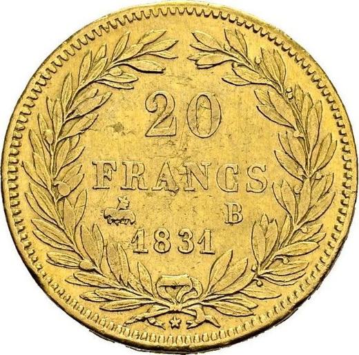 Rewers monety - 20 franków 1831 B "Rant wciśnięty" Rouen - cena złotej monety - Francja, Ludwik Filip I