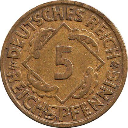 Аверс монеты - 5 рейхспфеннигов 1924 года J - цена  монеты - Германия, Bеймарская республика