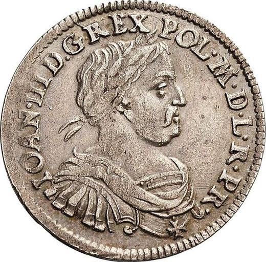 Аверс монеты - Орт (18 грошей) 1677 года SB "Щит прямой" - цена серебряной монеты - Польша, Ян III Собеский