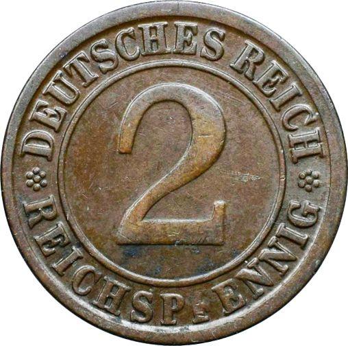 Аверс монеты - 2 рейхспфеннига 1924 года J - цена  монеты - Германия, Bеймарская республика