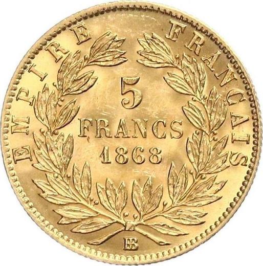 Reverso 5 francos 1868 BB "Tipo 1862-1869" Estrasburgo - valor de la moneda de oro - Francia, Napoleón III Bonaparte