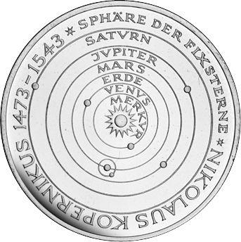 Аверс монеты - 5 марок 1973 года J "Коперник" - цена серебряной монеты - Германия, ФРГ