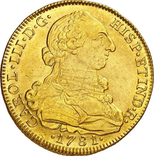 Аверс монеты - 8 эскудо 1781 года NR JJ - цена золотой монеты - Колумбия, Карл III