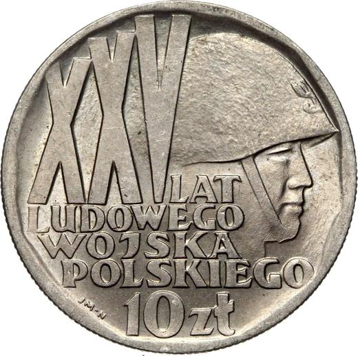 Reverso 10 eslotis 1968 MW JMN "25 aniversario del Ejército Popular Polaco" - valor de la moneda  - Polonia, República Popular