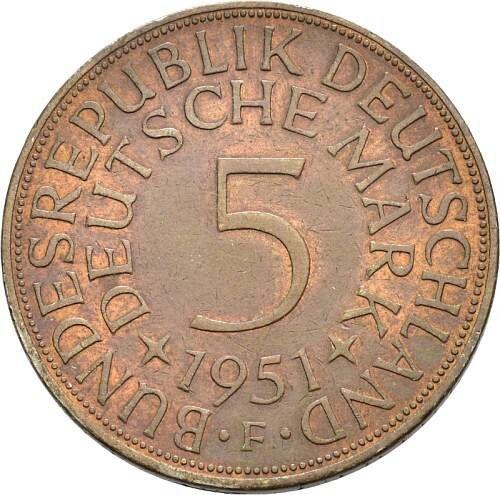 Аверс монеты - 5 марок 1951 года F Медное покрытие - цена серебряной монеты - Германия, ФРГ
