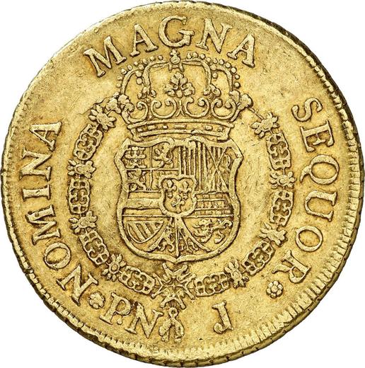 Реверс монеты - 8 эскудо 1760 года PN J - цена золотой монеты - Колумбия, Карл III