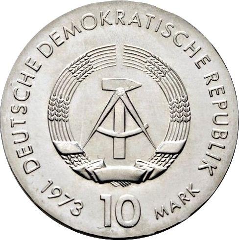 Reverso 10 marcos 1973 "Bertolt Brecht" - valor de la moneda de plata - Alemania, República Democrática Alemana (RDA)