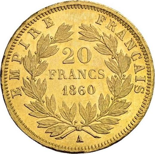 Reverso 20 francos 1860 A "Tipo 1853-1860" París - valor de la moneda de oro - Francia, Napoleón III Bonaparte
