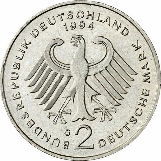 Reverse 2 Mark 1994 G "Ludwig Erhard" -  Coin Value - Germany, FRG