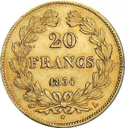 Rewers monety - 20 franków 1834 L "Typ 1832-1848" Bajonna - cena złotej monety - Francja, Ludwik Filip I