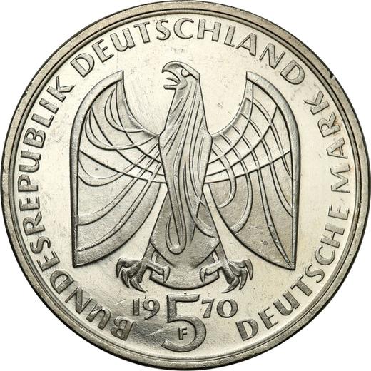 Реверс монеты - 5 марок 1970 года F "Бетховен" - цена серебряной монеты - Германия, ФРГ