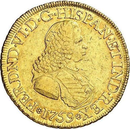 Anverso 8 escudos 1759 NR J - valor de la moneda de oro - Colombia, Fernando VI