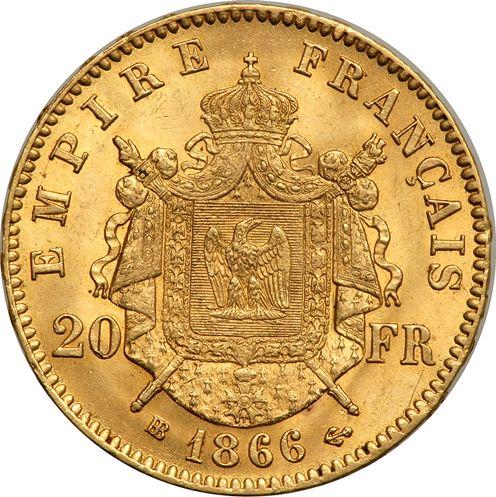 Reverse 20 Francs 1866 BB "Type 1861-1870" Strasbourg - France, Napoleon III