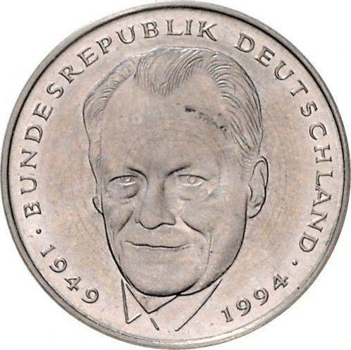Аверс монеты - 2 марки 1994-2001 года "Вилли Брандт" Гурт гладкий - цена  монеты - Германия, ФРГ