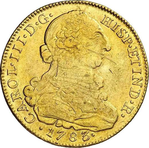 Аверс монеты - 8 эскудо 1783 года NR JJ - цена золотой монеты - Колумбия, Карл III