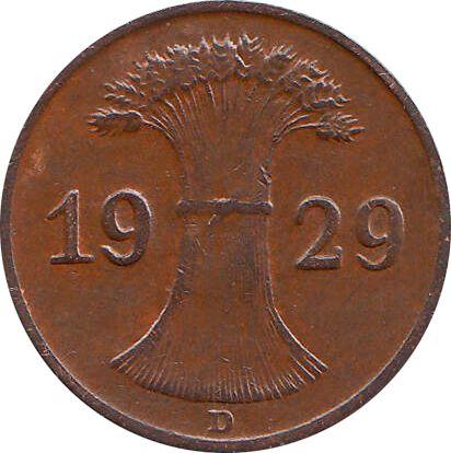 Reverso 1 Reichspfennig 1929 D - valor de la moneda  - Alemania, República de Weimar