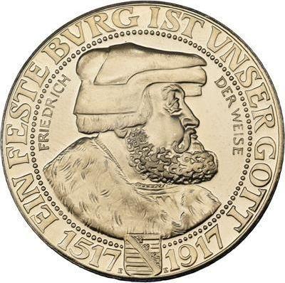 Аверс монеты - 3 марки 1917 года E "Саксония" Фридрих III Мудрый Новодел - цена серебряной монеты - Германия, Германская Империя