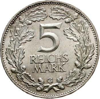 Rewers monety - 5 reichsmark 1925 G "Nadrenia" - cena srebrnej monety - Niemcy, Republika Weimarska