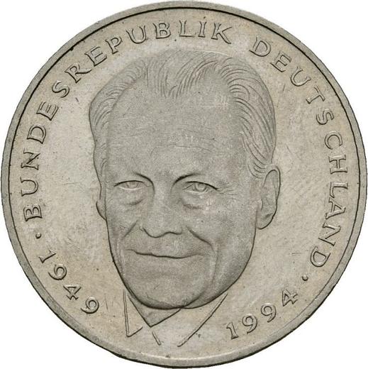 Obverse 2 Mark 1994-2001 "Willy Brandt" Rotated Die -  Coin Value - Germany, FRG