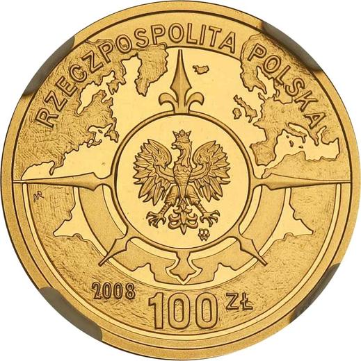 Аверс монеты - 100 злотых 2008 года MW NR "400 лет польским поселениям в Северной Америке" - цена золотой монеты - Польша, III Республика после деноминации