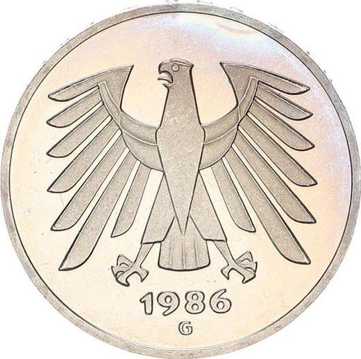 Реверс монеты - 5 марок 1986 года G - цена  монеты - Германия, ФРГ