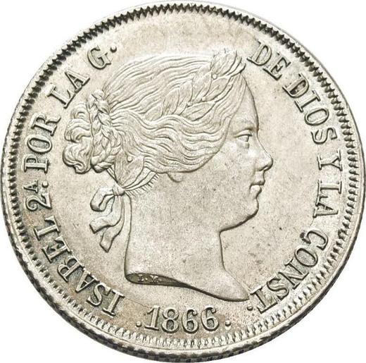 Аверс монеты - 40 сентимо эскудо 1866 года Шестиконечные звёзды - цена серебряной монеты - Испания, Изабелла II