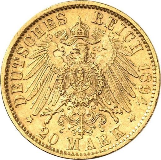 Реверс монеты - 20 марок 1894 года F "Вюртемберг" - цена золотой монеты - Германия, Германская Империя