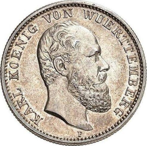 Аверс монеты - 2 марки 1877 года F "Вюртемберг" - цена серебряной монеты - Германия, Германская Империя