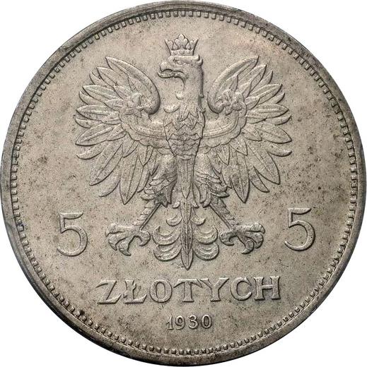 Аверс монеты - Пробные 5 злотых 1930 года WJ "Знамя" Серебро - цена серебряной монеты - Польша, II Республика