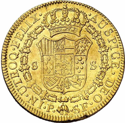 Реверс монеты - 8 эскудо 1784 года P SF - цена золотой монеты - Колумбия, Карл III