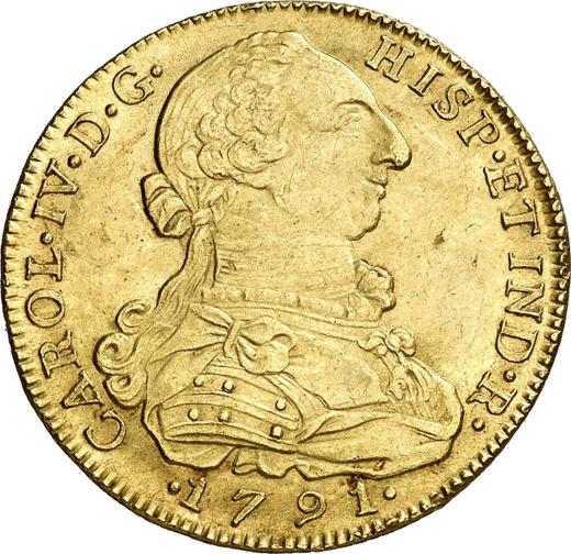 Аверс монеты - 8 эскудо 1791 года NR JJ "Тип 1789-1791" - цена золотой монеты - Колумбия, Карл IV