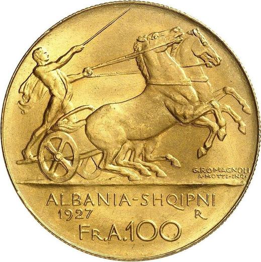 Реверс монеты - 100 франга ари 1927 года R Две звезды - цена золотой монеты - Албания, Ахмет Зогу