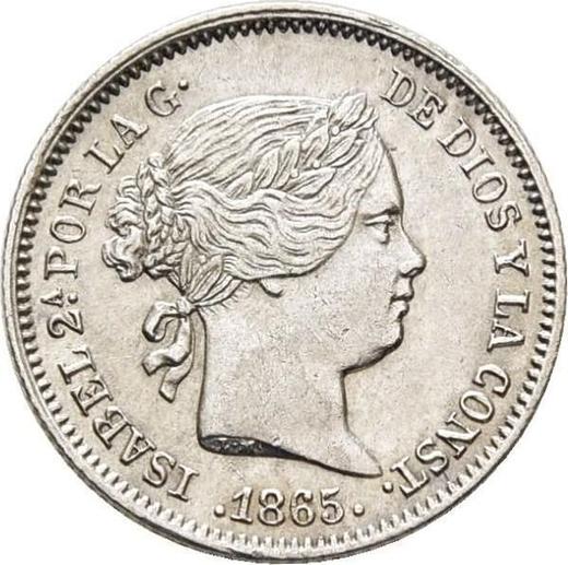 Аверс монеты - 10 сентимо эскудо 1865 года Семиконечные звёзды - цена серебряной монеты - Испания, Изабелла II