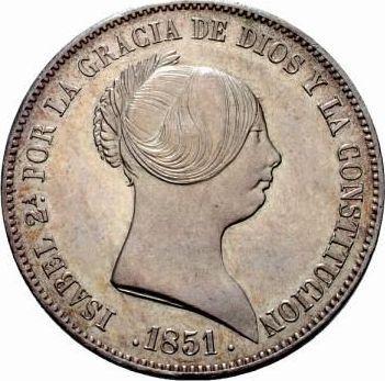 Аверс монеты - 20 реалов 1851 года Семиконечные звёзды - цена серебряной монеты - Испания, Изабелла II