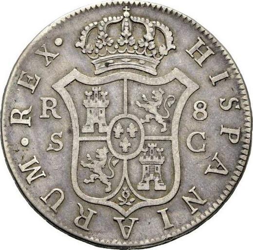 Реверс монеты - 8 реалов 1790 года S C - цена серебряной монеты - Испания, Карл IV
