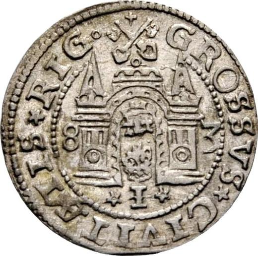 Rewers monety - 1 grosz 1583 "Ryga" - cena srebrnej monety - Polska, Stefan Batory