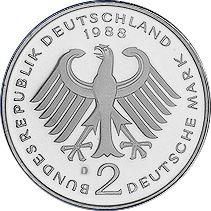 Reverse 2 Mark 1988 D "Ludwig Erhard" -  Coin Value - Germany, FRG