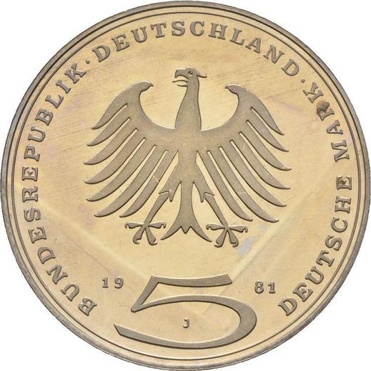 Reverso 5 marcos 1981 J "Lessing" - valor de la moneda  - Alemania, RFA