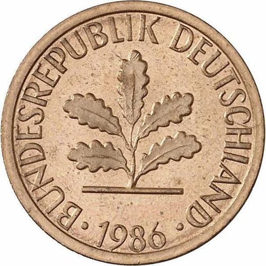 Реверс монеты - 1 пфенниг 1986 года J - цена  монеты - Германия, ФРГ