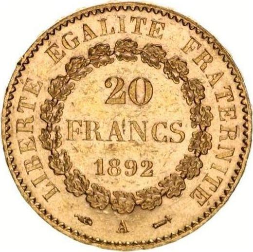 Reverso 20 francos 1892 A "Tipo 1871-1898" París - valor de la moneda de oro - Francia, Tercera República